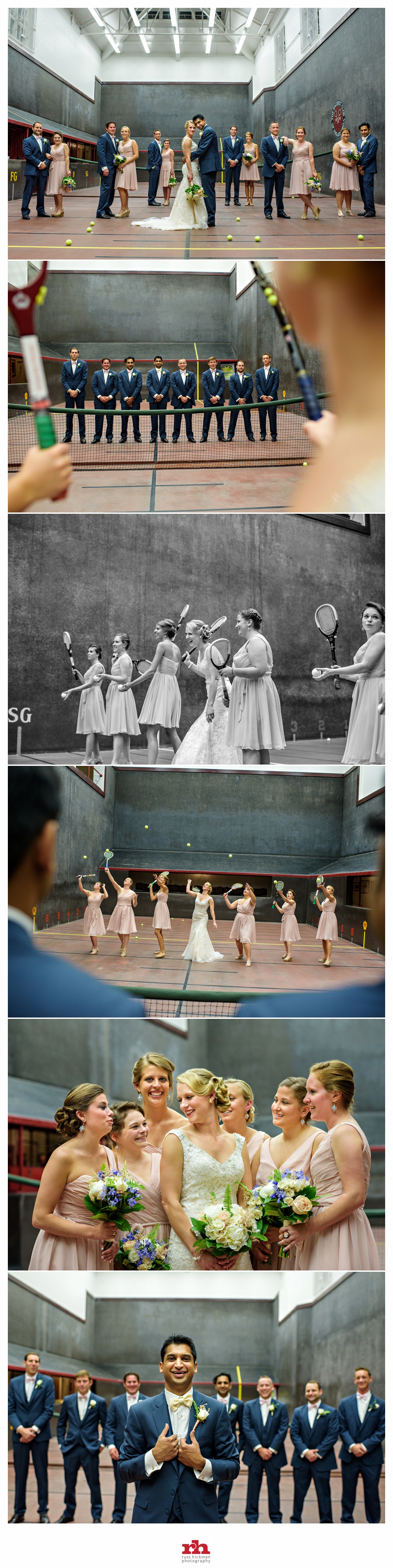 Bridesmaids hit tennis balls at Groomsmen during Bridal party shoot at The Racquet Club of Philadelphia Wedding.